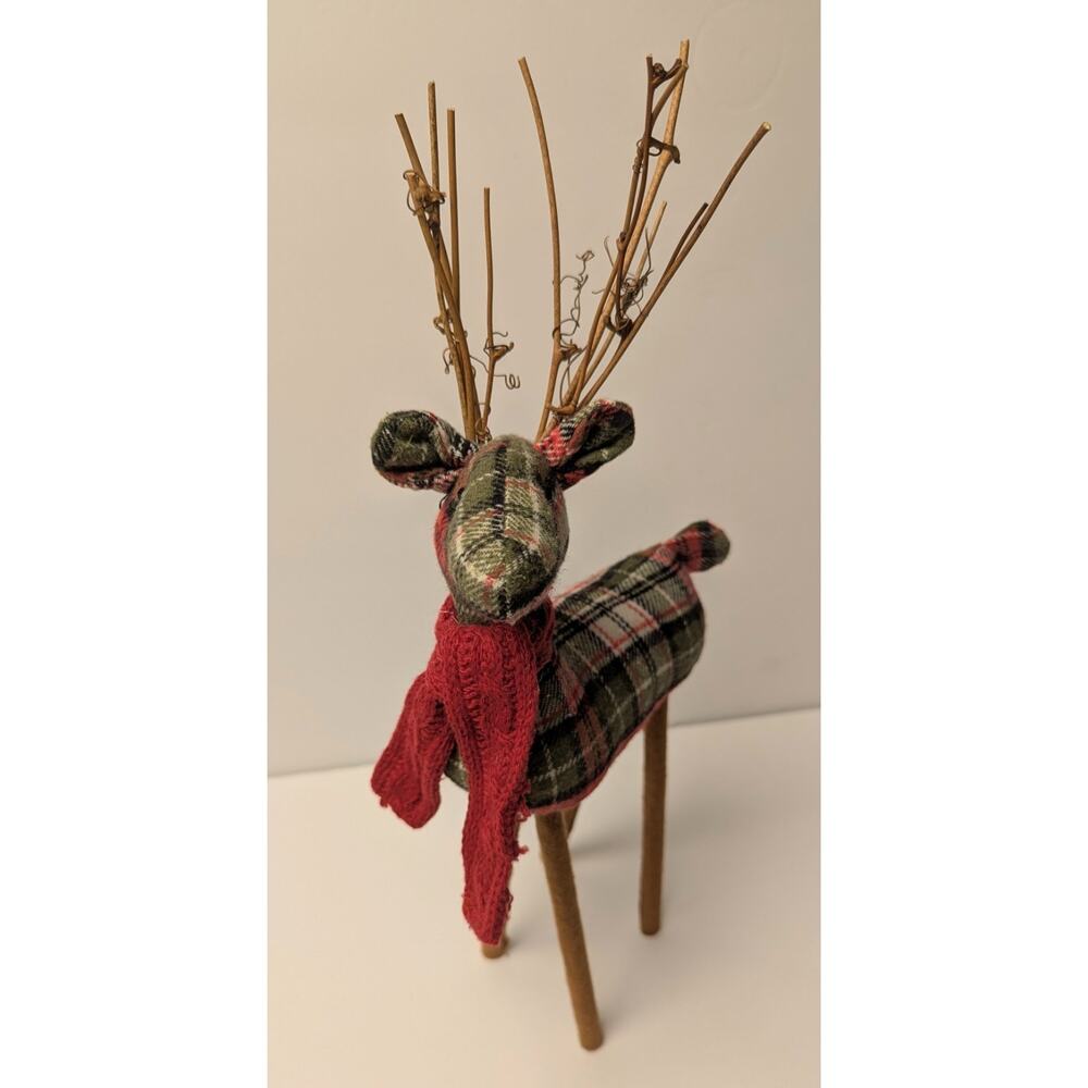 Reindeer Christmas Holiday Table Decor 17" Wooden Twig Antlers Red Green Plaid